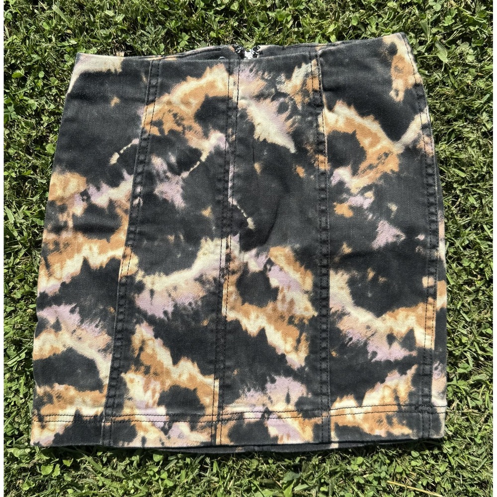 Free People Skirt Womens 0 Black Camo Denim Mini Zip Front Casual OB1066290